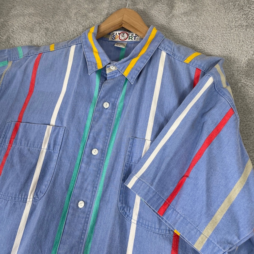 Jantzen Sport Shirt Mens Large Blue Multi Stripe 90s Surf Skate Cotton Vintage